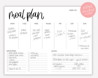 Printable Menu Planner - Menu Planner with Grocery List and Notes - Printable Menu - Weekly Menu Planner - Minimal Meal Planner - PDF