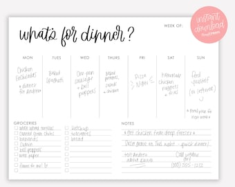 Printable Menu Planner - Menu Planner with Grocery List and Notes - Printable Menu - Weekly Menu Planner - Minimal Meal Planner - PDF