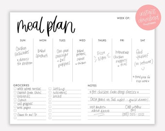 Printable Menu Planner - Menu Planner with Grocery List and Notes - Printable Menu - Weekly Menu Planner - Minimal Meal Planner - PDF