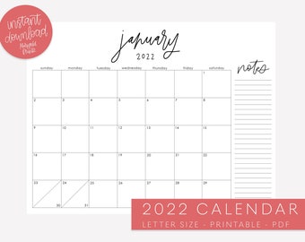 Printable 2022 Calendar - 2022 Calendar Download - Downloadable Calendar - Minimal - Sunday Start - Horizontal Calendar - Jan 2022-Dec 2022