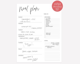 Printable Menu Planner - Menu Planner with Grocery List and Notes - Printable Menu - Weekly Menu Planner - Minimal Meal Planner - PDF - S-M