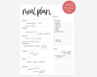 Printable Menu Planner - Menu Planner with Grocery List and Notes - Printable Menu - Weekly Menu Planner - Minimal Meal Planner - PDF - S-M