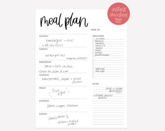 Printable Menu Planner - Menu Planner with Grocery List and Notes - Printable Menu - Weekly Menu Planner - Minimal Meal Planner - PDF - M-S