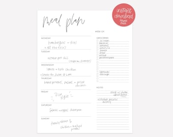 Printable Menu Planner - Menu Planner with Grocery List and Notes - Printable Menu - Weekly Menu Planner - Minimal Meal Planner - PDF - M-S