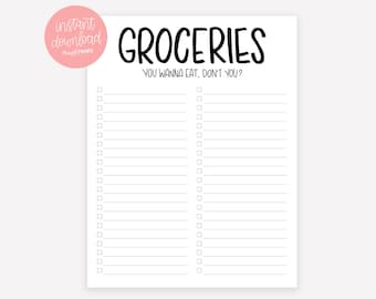Digital Download Grocery List - Printable Groceries List - Shopping List - Printable List - Store List