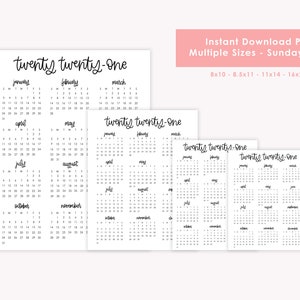 May include: Printable calendar for the year 2021 with a Sunday start. The calendar is available in multiple sizes: 8x10, 8.5x11, 11x14, and 16x20 inches.