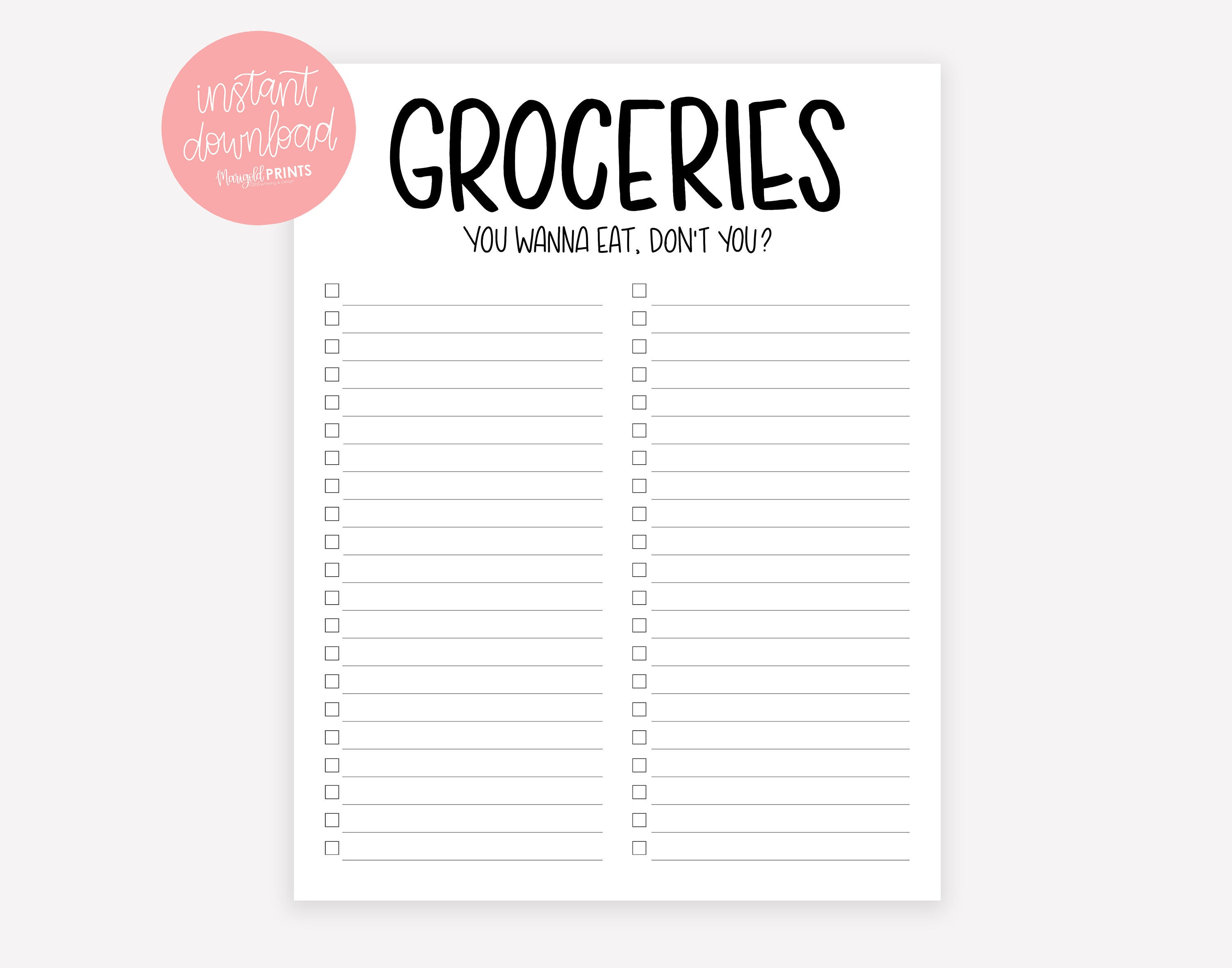 Digital Download Grocery List Printable Groceries List - Etsy Australia