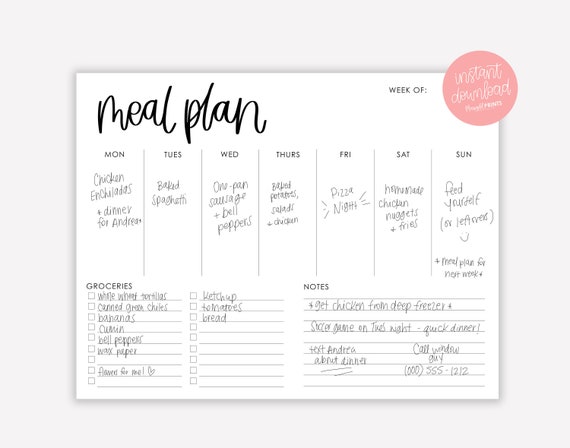 Printable Menu Planner Menu Planner With Grocery List and | Etsy