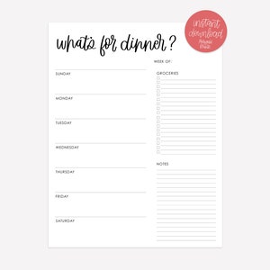 May include: A printable weekly meal planner with a black and white design. The planner includes a section for grocery lists, notes, and a daily meal plan for Sunday through Saturday.