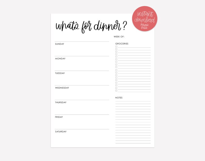 May include: A printable weekly meal planner with a black and white design. The planner includes a section for grocery lists, notes, and a daily meal plan for Sunday through Saturday.