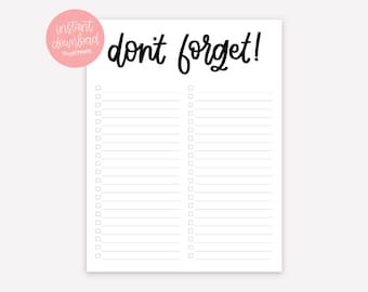 Don't Forget! Packing List - Printable List - Digital Download - Trip Packing List - To Do List - PDF