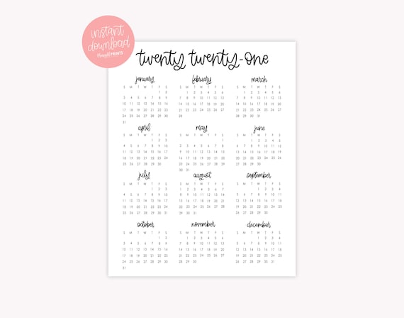 Printable 2021 Full Year Calendar - 2021 Calendar Download - Downloadable Calendar - Sunday Start - Vertical Calendar - Full 2021 Year