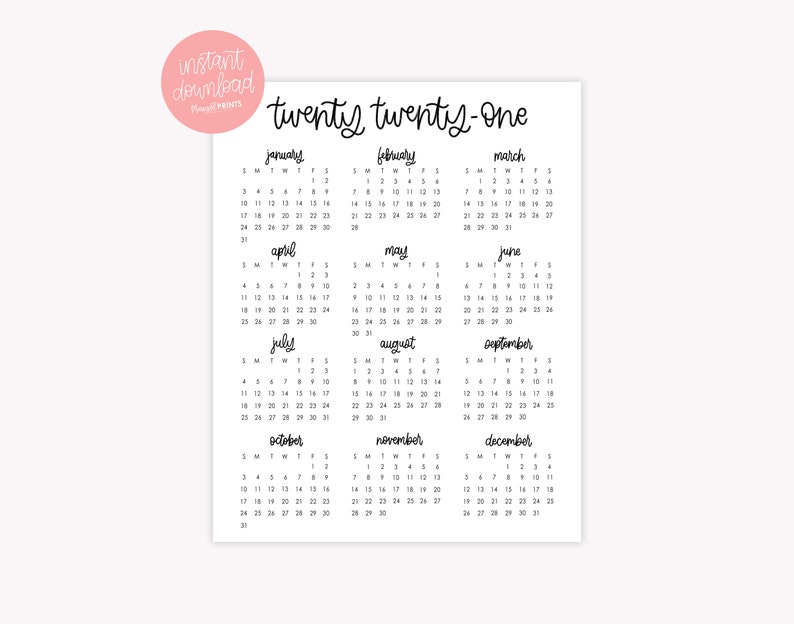 May include: A printable calendar for the year 2021. The calendar is in black and white and features a simple design with each month listed in a separate box. The months are January, February, March, April, May, June, July, August, September, October, November, and December.