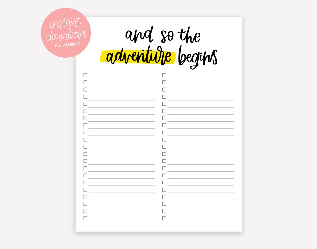 And so the Adventure Begins Packing List - Printable List - Digital ...