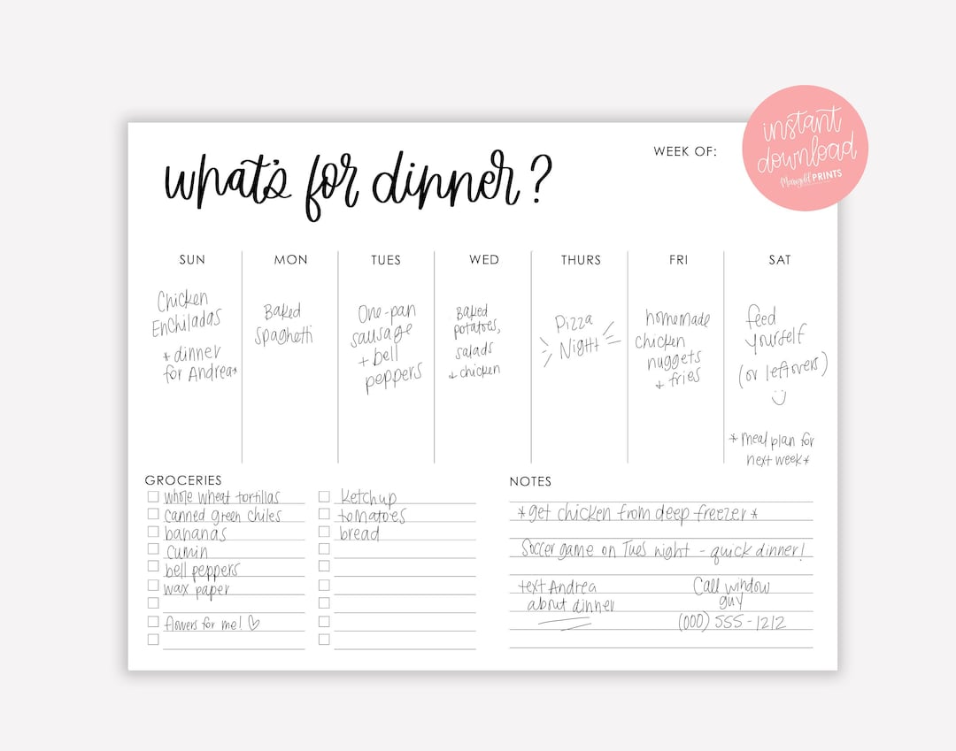 Printable Menu Planner Menu Planner With Grocery List and Notes ...