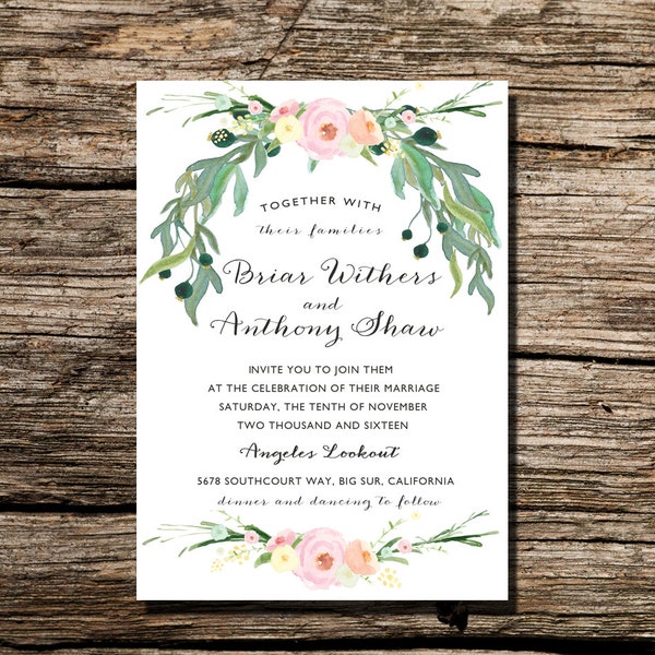 Printable Wedding Invitation Watercolor Floral Wreath Invite -  DIY Printable Wedding Invite