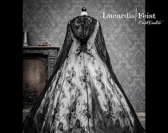 Gothic Lace Wedding Cape with Hood, Steampunk Bridal Veil Alternative