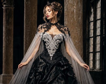 Wedding Cape Sheer Tulle Cloak Lace Collar Ombre Bridal Cape Multiple Colors