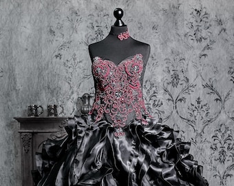 Black Wedding Dress Ballgown Strapless Red Beaded Crystal Ruffled Gothic Bridal Gown