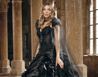 Raven Black Wedding Dress Ballgown Lace Sweetheart Neckline Off Shoulder Gothic Bridal Gown