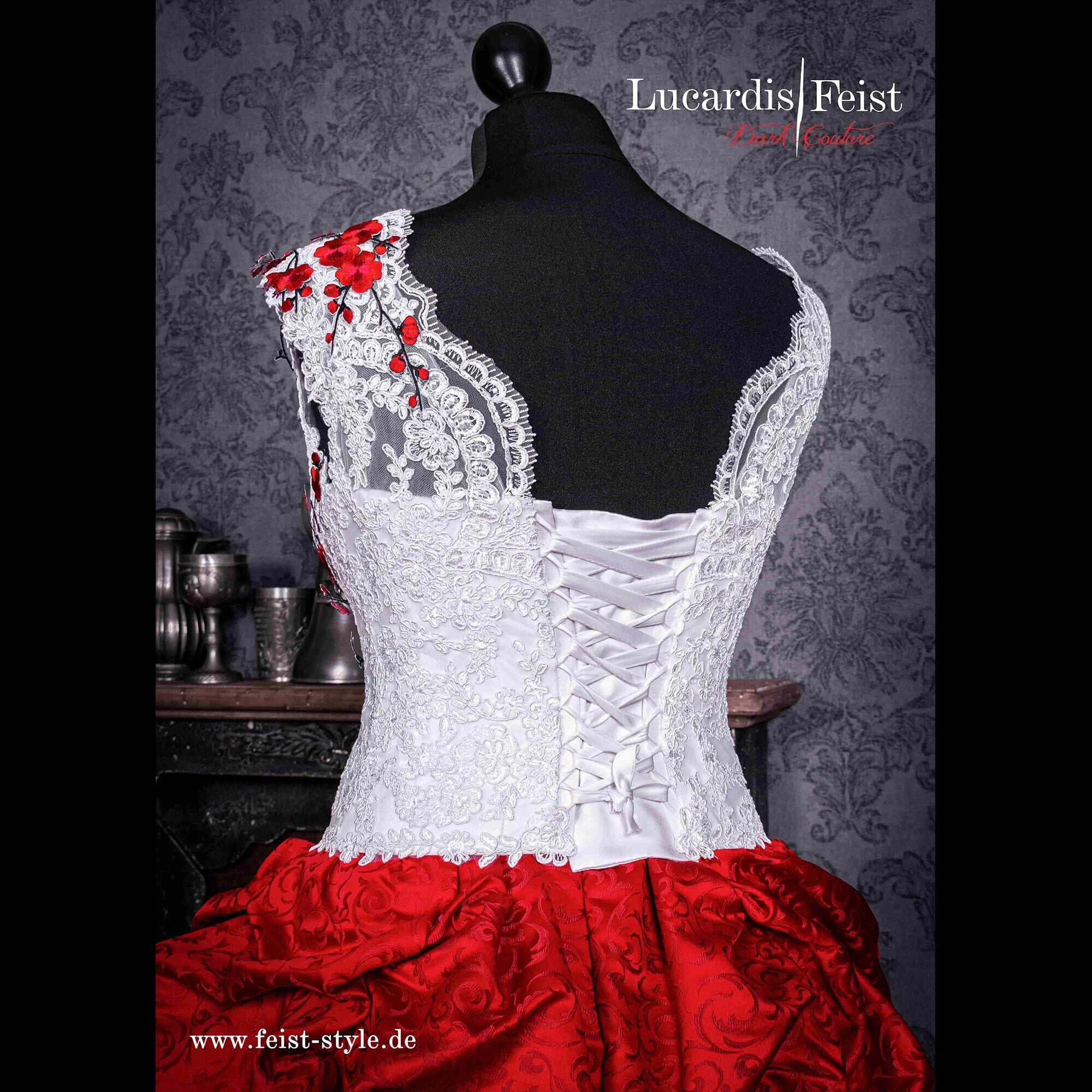 chinese dress ladies Red Lace Wedding Dress with Ivory Tulle, Strapless Sweetheart Neckline main image 1