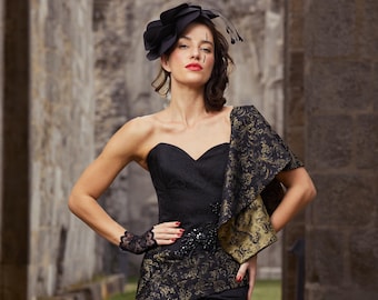Black & Gold Baroque Gown Bodice and Two-Piece Draped Skirt Ensemble