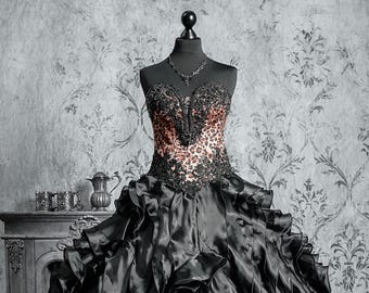 Black Wedding Dress Ballgown Strapless Leopard Print Lace Ruffled Gothic Bridal Gown