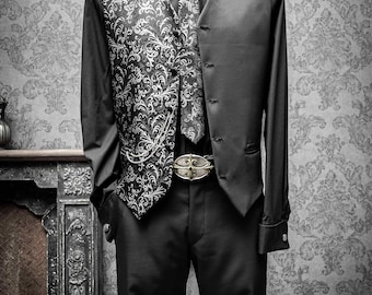 Feist Style Two-Face Vest, Black Floral Pattern, Slim Tie, Unique Haute Couture