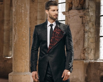 Black Gothic Blazer for Men Asymmetric Red Lapel Baroque Jacquard Wedding Jacket