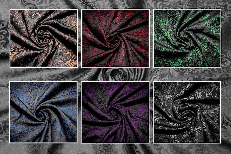 May include: Six fabric swatches with a black background and a swirling pattern in different colors: gold, red, green, blue, purple, and silver.