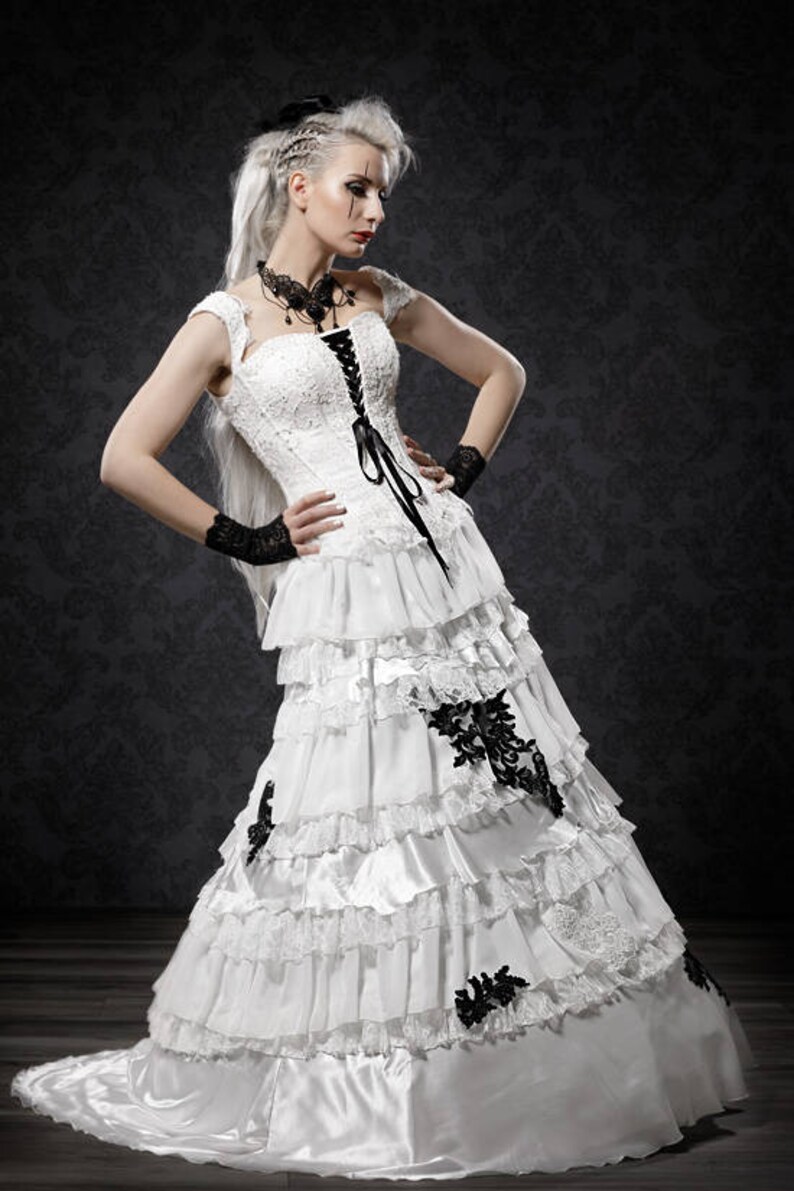 Gothic Alternative Wedding Dress, Steampunk, Rockabilly or Goth Wedding or Costume, Black and White Wedding dress image 4