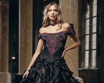 Black Wedding Dress Ballgown Off Shoulder Pink Beaded Crystal Ruffled Alternative Bridal Gown