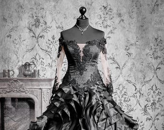 Black Wedding Dress Ballgown Off Shoulder Illusion Sleeve Sequin Lace Corset Gothic Bridal Gown