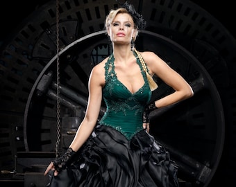 Emerald Green and Black Gothic Ball Gown Wedding Dress | Long Evening Gown with Lace Halter Bodice