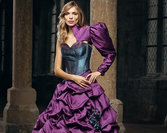 Purple Asymmetric Evening Gown | Ball Gown with Pearlescent Corset Bodice and Puff Sleeve