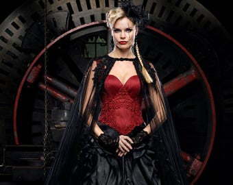Red and Black Gothic Ball Gown Wedding Dress | Strapless Evening Gown with Sheer Lace Cape