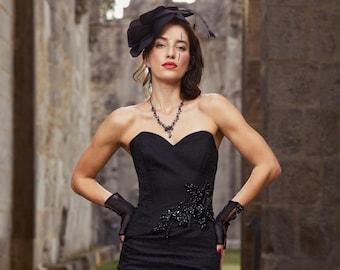 Black Beaded Jacquard Cocktail Ensemble Bodice and Skirt