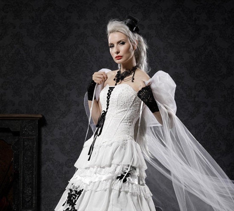 Gothic Alternative Wedding Dress, Steampunk, Rockabilly or Goth Wedding or Costume, Black and White Wedding dress image 1