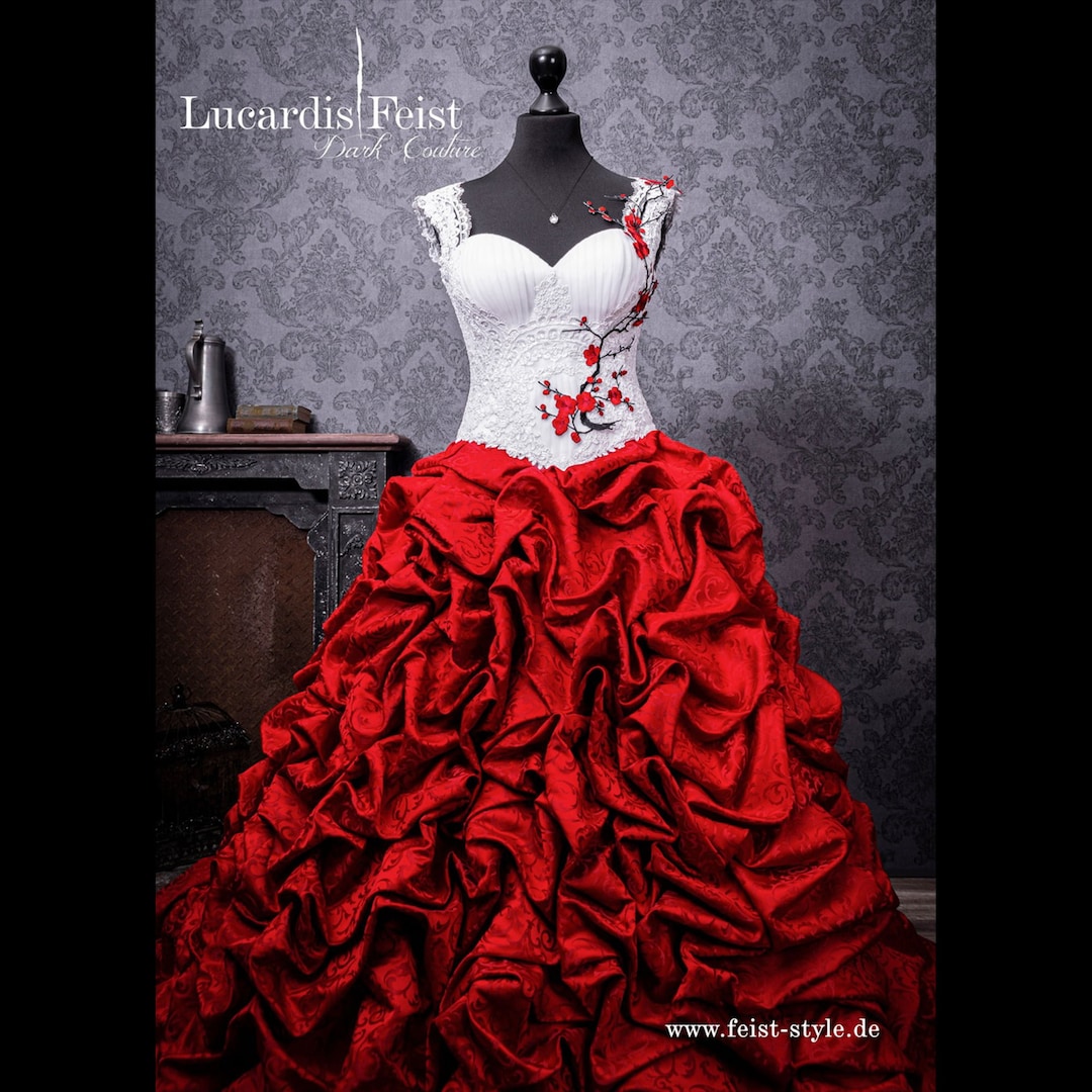chinese dress ladies FairOnly White Satin Red Embroidery Strapless Wedding Dress Bridal Gown  (XL, White Red) at Amazon Women's Clothing store main image 0