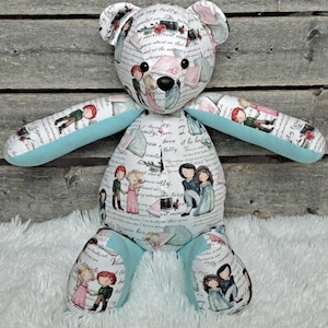 Pride And Prejudice Themed Handmade Teddy Bear - Jane Austen Fabric Bear with Quotes and Illustrations - Unique Literary Collectible Gift