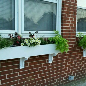 May include: White window box planter with a variety of flowers and plants, including green vines, white flowers, and dark green leaves. The planter is mounted on a brick wall.