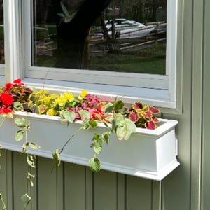May include: A white window box planter with a variety of flowers, including red, yellow, and green, is mounted on a green siding wall.