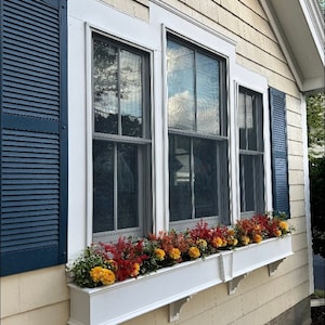 May include: A white window box planter with a variety of yellow and red flowers, mounted on the exterior of a house with beige siding and blue shutters.