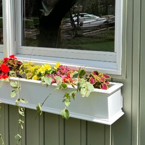 May include: A white window box planter with a variety of colorful flowers, including red, yellow, and green, is mounted on a light green wooden wall.