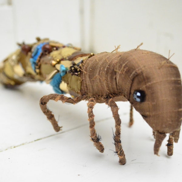 Caddisfly larvae textile sculpture, handmade fabric insect art doll, turquoise, brown and gold bug