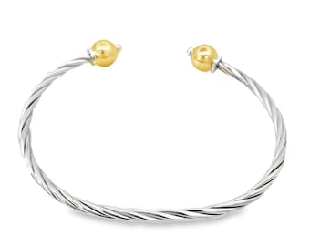 Made on Cape Cod. Cuff bracelet with solid 14K gold balls and sterling silver twisted bangle. Free shipping in box w free polish cloth.