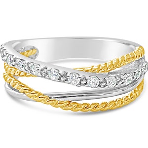 925 Sterling Silver Cross-Over Ring Two-Tone Rhodium Gold-Italian Crystals