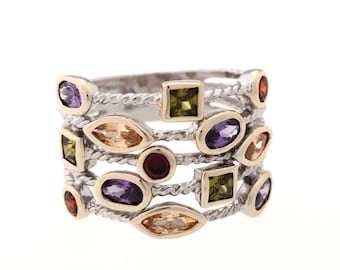 Sterling Silver Confetti Ring w/ Rhodium Gold Bezel around multi-colored Italian Crystals