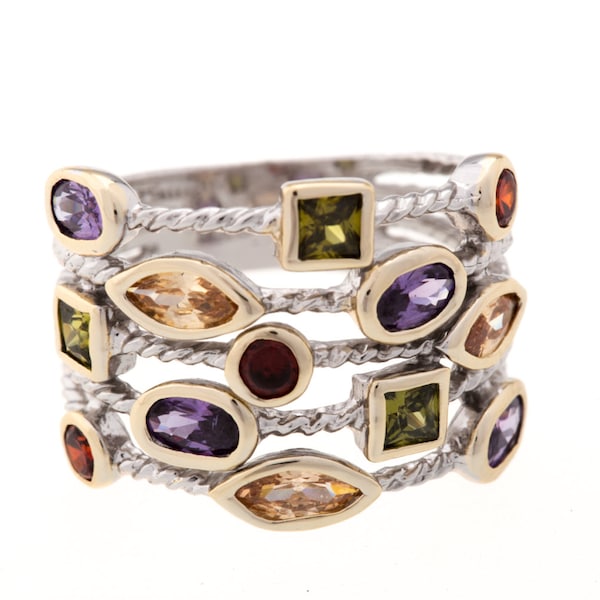 Sterling Silver Confetti Ring w/ Rhodium Gold Bezel around multi-colored Italian Crystals