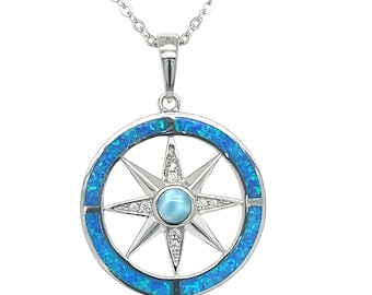 Opal and Larimar Compass. Handmade in .925 silver w Italian link chain. Free shipping in box w free polish cloth.